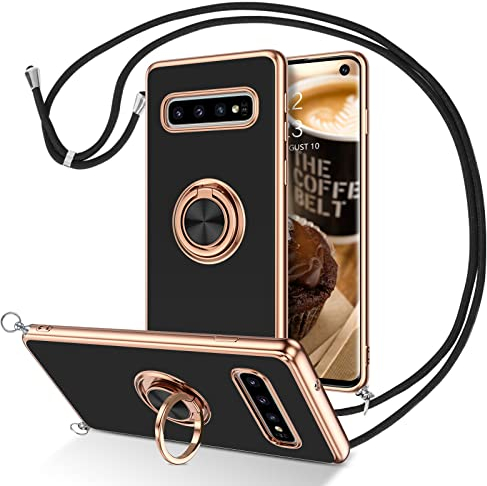 DUEDUE für Samsung S10 Hülle mit Band, Handykette Samsung S10 Handyhülle mit Band 360 Grad Ring Stoßfeste Schutzhülle Soft Silikon TPU für Samsung Galaxy S10 Hülle Mit Ring Schwarz