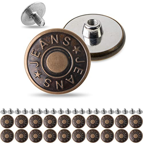 Hosen Ersatz Knöpfe zum Schrauben, 20 Pack, Ø 20 mm Messing Jeansknöpfe, Bronze-farben, schraubbare Jeans Knöpfe, Hosenbund weiter oder enger machen, Metall Hosenknöpfe mit Schrauben Pin Verschluss