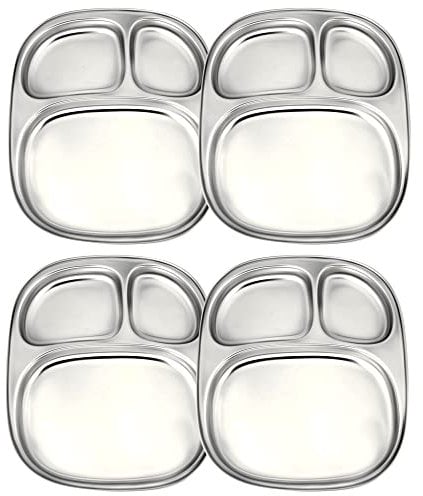 WG inc Stainless Steel Compartment Plates, 4-Pack, 3 Section Divided Dinner Plates, Portion Control Baby Feeding Dishes, Non Toxic Metal Plate for Kids, Toddlers, Adults, Camping, BPA Free