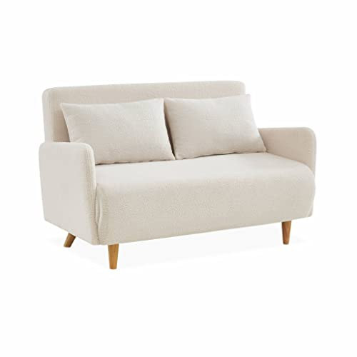 Alice's Home - Canapé Convertible 2 Places scandinave - Panam - Pieds Bois. bouclettes Blanches. Banquette. Dossier inclinable