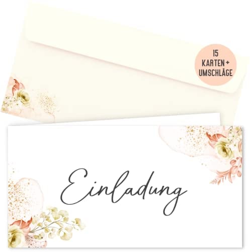 15 Einladungskarten inkl. Umschläge für Hochzeit, Standesamt, Geburtstag, Konfirmation, Kommunion, Jugendweihe, Taufe, Einladung | Klappkarte DIN lang (Koralle)