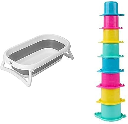Rotho Babydesign Baby Badewanne Faltbar 2 Go, Für Babys ab 0 Monaten, 82 x 48,5 x 22 cm + Playgro Stapelbecher Krokodil pastellfarben, 8 Stück, ab 6 Monaten, Croc Cups, bunt