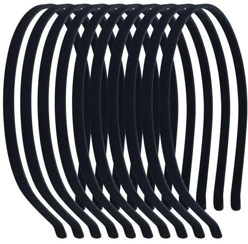 Lawie Lot de 10 serre-têtes élastiques fins et fins recouverts de tissu satiné noir uni de 7 mm avec fermoir en velours pour femmes et hommes - Accessoires de bricolage