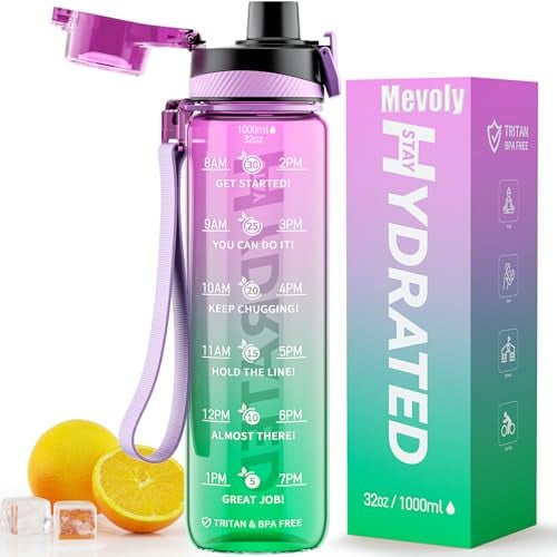 Mevoly Trinkflasche, 1L Wasserflasche Auslaufsicher BPA-Frei aus Tritan, 1 Liter Trinkflasche Sport mit Zeitmarkierung und Abnehmbare Schnürung, Flasche für Fitnessstudio, Oudoor, Gym, Schule