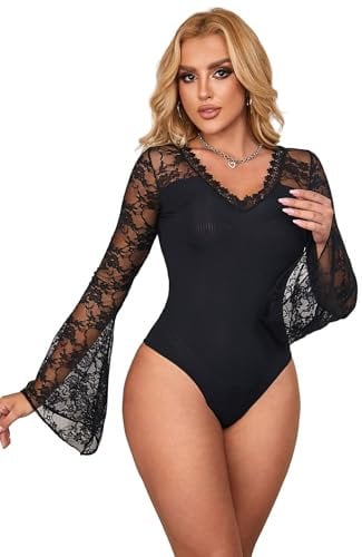 ohyeahlady Women's Lace Long Sleeve Bodysuits One Piece See Through Lingerie V Neck Body Suits Flare Sleeve Going Out Leotard Tops Soft Stretch Night Club Outfits Black,2XL