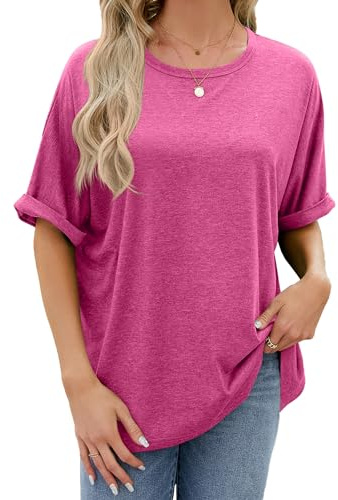Famulily Oversized T Shirt for Women, Crew Neck Rolled Short Sleeve Summer Loose Tee Shirts Tunic Tops