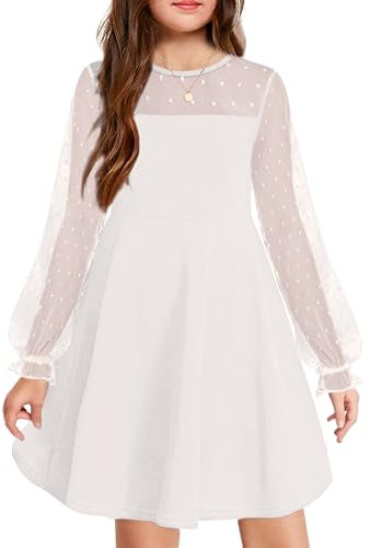 Arshiner Mädchen Kleid Langarmkleid Meshkleid Mesh A Line Casual Kinder Kleider Partykleider mit Taschen Weiß 160 12-13 Jahre