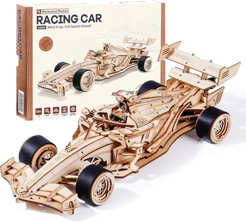 ROBOTIME Maquette en Bois à Construire Puzzle 3D Adulte Voiture de Course Racing Car, 5H Montage, Cadeaux Adolescents Enfants, Moteur Mécanique Rugissant, 8-10M en Avant, LK505