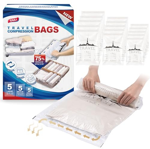 TAILI Vakuumbeutel für Kleidung Reise 15 Stück in 3 Größen 70 x 45 CM, 60 x 40 CM, 50 x 35 CM Vakuumbeutel Set Reise zum Rollen Wiederverwendbar und Leicht zu Tragen Vakuumierbeutel für Rucksack