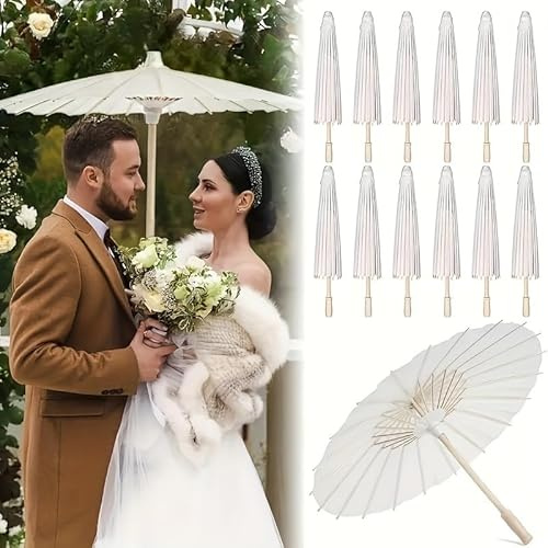 Lote de 20 Parasoles Grandes 60 cm Papel Bambú Paraguas Bodas - Sombrillas Papel Chinas Para Bodas Blanco, Blancos