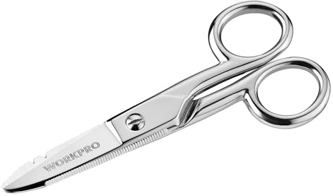 WORKPRO Electrician Scissors, 5-1/5 Inch Heavy Duty Scissors, Nickel-Plated Stainless Steel Snips with 19&23 Stripping Notches for Telecom and Electrical Work