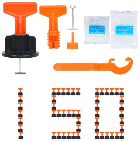 Reusable 1/16 Tile Leveling System Kit (150pcs) w/ 500 1/12 500 1/8Cross Spacers + 3 Wrenches & 20 Steel Pins - Professional Floor Installation Tools(150pcs (Red)
