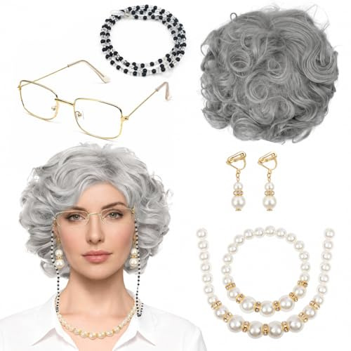 GEVECORI 7er Oma Kostüm Set für Karneval & Halloween, Alte Frau Brille | Zubehoer mit Peruecke Grau, Kette, Perueckenkappe, Perlenkette, Armband & Ohrringe