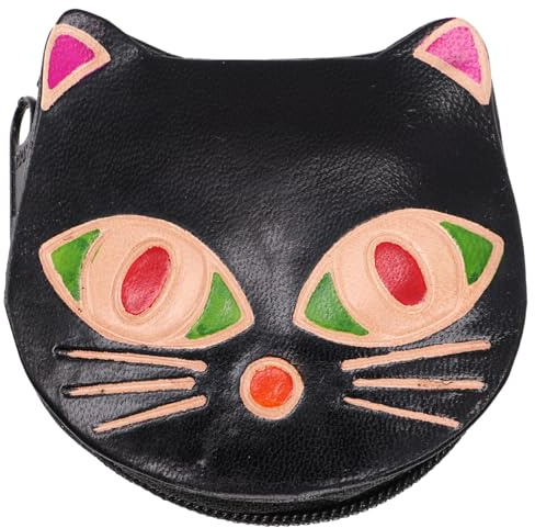 GURU SHOP Kleiner Geldbeutel aus Leder, Katzen Börse - Schwarz, Unisex - Erwachsene, 7x8x1 cm