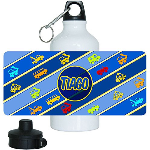 Eurofoto Trinkflasche mit Namen Tiago und schönem Motiv mit Fahrzeugen für Jungen, aus Aluminium
