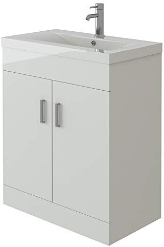 VeeBath EDGE700 Sobek High Gloss White Free Standing Basin Vanity Cabinet Unit with 2 Swing Doors & Rectangular Sink-700mm