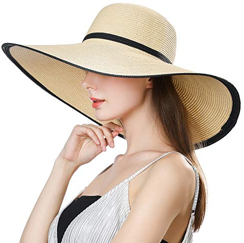 Siggi Femme Chapeau de Paille Pliable Capeline Tresse Été Fedora Pare-Soleil Large Bord Plage Voyage Beige