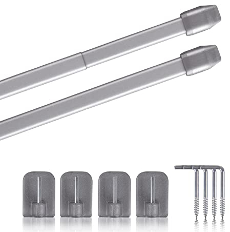 Vitragestangen 2er Pack ausziehbar, 2 Gardinenstangen mit Selbstklebehaken - Befestigung ohne Bohren - (Farbe: silber, Größe: 60-90cm)