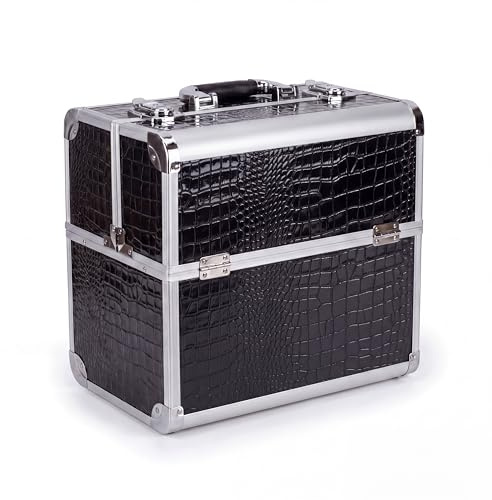 N&BF Profi Kosmetikkoffer groß Schwarz Croco Design, 35 x 22 x 36 cm, robuster Schminkkoffer aus Aluminium, Beauty Case Hartschale mit 4 aufklappbaren Fächern, Nagelkoffer leer
