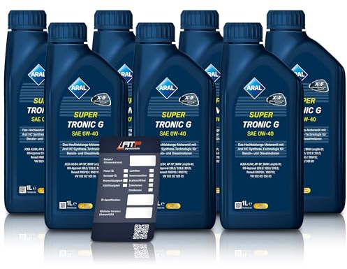 7x 1 L Liter Aral SuperTronic G 0W-40 Motor-Öl Motoren-Öl inkl. Aral Ölwechsel-Anhänger; Spezifikationen/Freigaben: ACEA A3/B3, A3/B4; API SN/CF; BMW Longlife-01; Mercedes Benz MB 229.3 / 229.5; VW 50