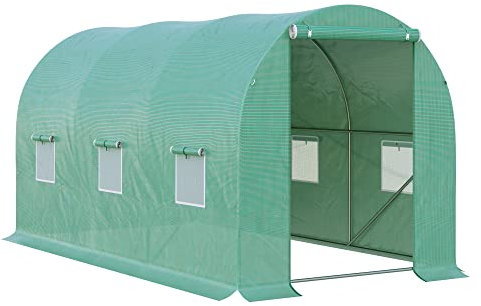 Outsunny 4 x 2 x 2 m Polytunnel Greenhouse with Roll-up Door and 6 Mesh Windows, Walk-in Garden Tunnel Warm House Tent with UV-resistant PE Cover and Galvanised Steel Frame, Green