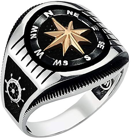 Massiver 925er Sterlingsilber Kompass Anker Ruder türkischer Herrenring (10), Silber, NA