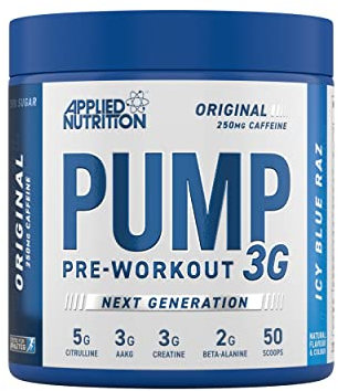 Applied Nutrition Pump 3G Pre Workout Energy Drink Focus & Performance, Creatine Monohydrate, AAKG, Citrulline, Beta Alanine, Caffeine Vitamin B Gold Complex, ICY Blue Raz, 375 g