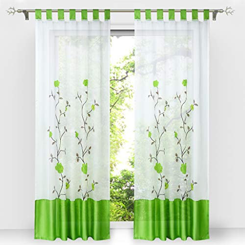 HongYa 1 Stück Voile Gardine Schal mit Schlaufen Transparenter Vorhang Bestickter Schlaufenschal H/B 225/140 cm Grün