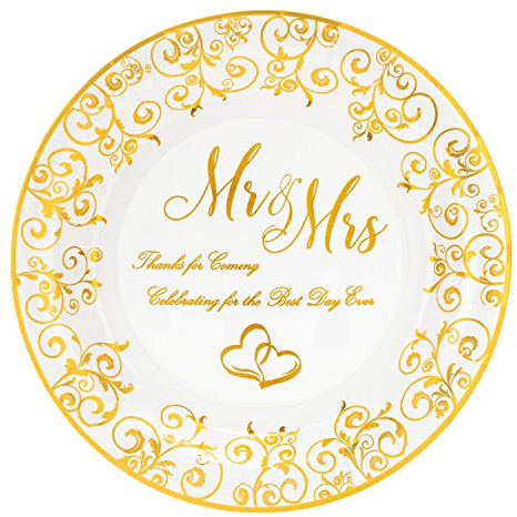 Crisky Wedding Mr and Mrs Gold Plates, Gold Wedding Party Decorations Dessert, Buffet, Cake, Lunch, Dinner Disposable Plates Party Supples, Celebrating for the Best Day Ever! 50 Count, 9 Plate