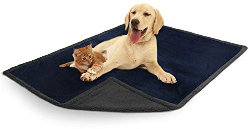 PetAmi Wasserdichte Hundedecke für Couch, Sofa,graue wasserdichte Sherpa-Haustierdecke für große Hunde, Welpen,super weiches waschbares Mikrofaser-Fleece,wendbares Design,60x40 (Marineblau/Grau)