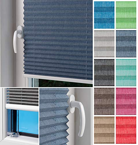 Home-Vision® Plissee Faltrollo ohne Bohren zum Kleben, Innenrahmen, Kollektion Melange Leinenoptik Blickdicht Sonnenschutz Jalousie für Fenster & Tür (Marineblau - Höhe 200cm x Breite 65cm)