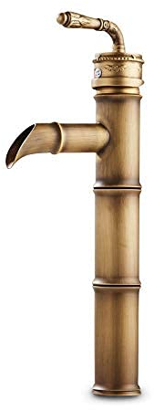 Wasserfall Waschtisch Armatur BAMBUS II – Messing Einhandmischer in Retro – Bambus – Optik | Mischbaterie für Aufsatz Waschbecken