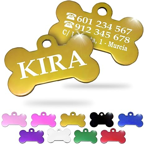 Ibera Gifts - Chapa Perro Grabada en Forma de Hueso, Placa Perro Personalizada para Perros y Gatos Pequeños y Medianos, Tamaño 30 x 20 mm, Chapa Identificativa Perro y Gato (Dorado)