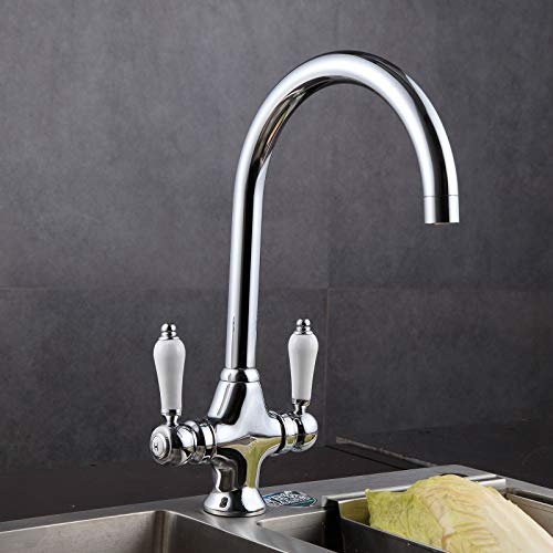 Dual Lever Kitchen Sink Mixer Tap Traditional Elegant Ceramic Double Handles Monobloc Swivel Spout Chrome Fit for Single or Dual Sinks Classic Kitchen Taps Easy to Clean, 10 Year Warranty