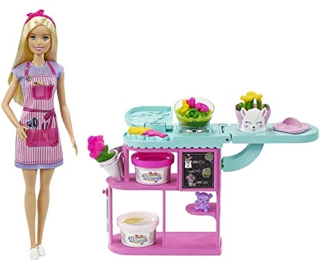 Barbie Floristería Muñeca Rubia con Tienda de Flores y Accesorios. Incluye Juego de plastilina. (Mattel GTN58)
