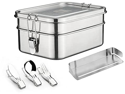 nicelock 2-Tier Stainless Steel Lunch Box with Folding Cutlery and Removable Divider (540ml, 800ml) - Reusable Metal Bento Container, Eco-Friendly, for Women Kids Work School