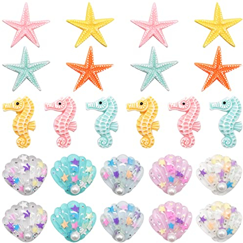 Regerly Muscheln Deko, 24 Stücke Muscheln Gemischt Dekomuscheln Harz Mini Seesterne Seepferdchen Ozean Muscheln Meerestiere Basteln für Micro Landschaft Dekoration Wohnzimmer Tischdeko