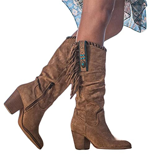 Onsoyours Botas hasta la Rodilla Holgadas para Mujer Punta Puntiaguda con Cremallera Lateral Botas de Tacón Medio GruesoBotas con Flecos Retro Botas Gruesas de Tacón Alto