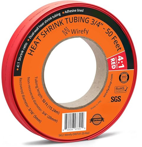 Wirefy Gaine Thermorétractable Etanche Large Diamètre 19,1 mm - 4:1 Tube Thermoretractable à Double Paroi - Revêtement Adhésif - Gaine Thermo - Rouge - Rouleau de 15 m