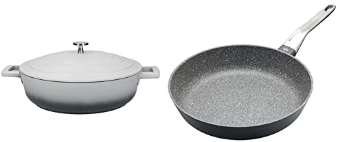 MasterClass MCMSCRD28GRY Shallow Casserole Dish with Lid, Lightweight Cast Aluminium, Ombre Grey, 4 Litre/28 cm & MCMFP28 Cast Aluminium Induction-Safe Non-Stick Frying Pan, 28 cm (11), Grey
