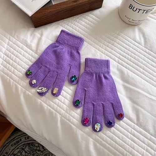 ATMACA Guanti Donne Guanti Invernali Colore Caramella di Caramella Calda A Maglia Fai -da -da -Te Il Polso per Unghie Strass Mattens Ragazze Luvas Guantes Handschoenen-Purple