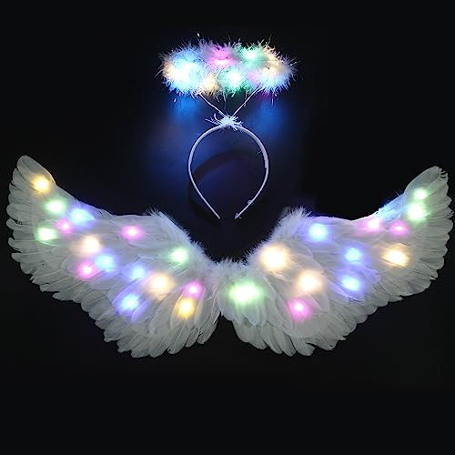 Ptesuply Ailes d'ange lumineuses et auréole avec lumières LED – 3 modes d'éclairage – Déguisement d'ange blanc pour Halloween, Noël, cosplay, fête (taille M, coloré)