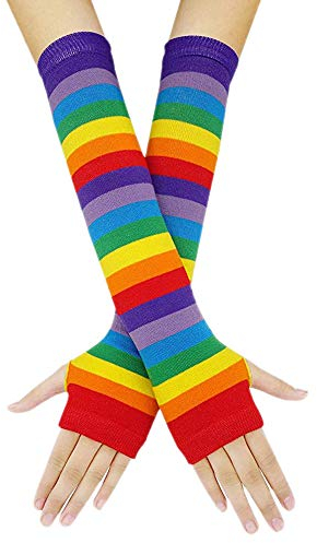 Punk Gothic Rock Lange Armwärmer Fingerlose Handschuhe in Regenbogenfarben, Karneval Cosplay Handschuhe, Mädchen Gestreifte Hohe Socken Regenbogen Lange Socken Armwärmer (Handschuhe, One Size)
