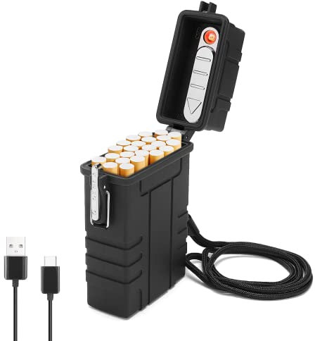 Ultraray Étui à Cigarettes étanche avec Briquet, Boîte à Cigarettes Noir pour 20 Cigarettes, avec Cordon, Distributeur de Cigarettes pour Randonnée en Plein Air, Camping, Cadeau pour homme