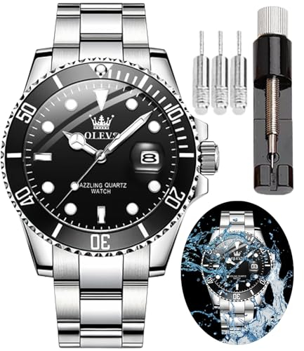 OLEVS Armbanduhr für Herren, wasserdicht, blaues Zifferblatt, luxuriös, zweifarbig, Edelstahl-Armbanduhr mit Tagesdatum, modisch, klassisch, sportlich, Schwarzes Zifferblatt aus Stahl, Armband