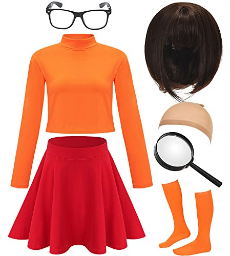 HMPRT Halloween-Kostüm für Damen, braune Bob-Perücke, langärmeliges Rollkragen-Top, Skaterrock, Lupe, Socken und Brille, Größe XXL