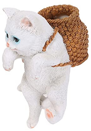 LONCESS Planter Decor, White Cat with Basket Plant Pot Hanger, 7.8 x 5.9 x 3.9 inches, Indoor Outdoor Usage