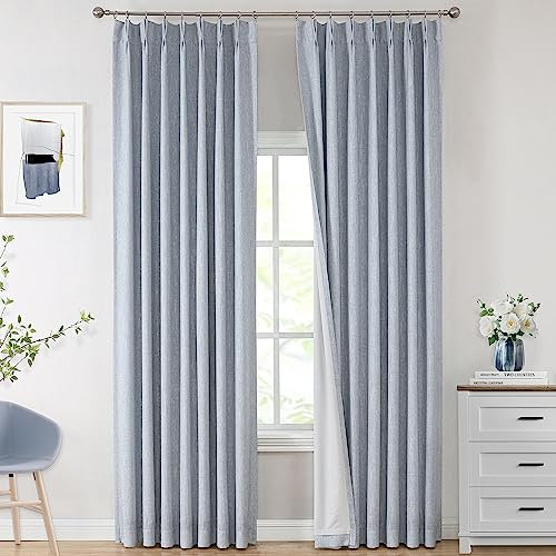 Vision Home Chambray Blue Pinch Pleated Full Blackout Curtains Room Darkening Window Curtains 84 inch for Living Room Bedroom Thermal Insulated Pinch Pleat Drapes with Hooks Back Tab 2 Panel 40Wx84L