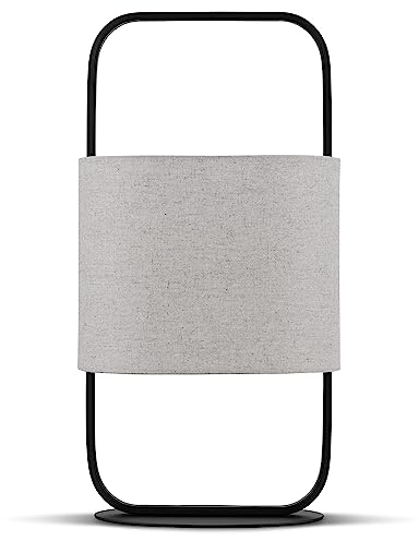 REV – Tischlampe im modernen Design mit Trage-Henkel – Tischleuchte mit Leinen-Lampenschirm in Taupefarben – E27 Fassung – Ideal für Nachttisch, Schreibtisch & Büro – 48cm