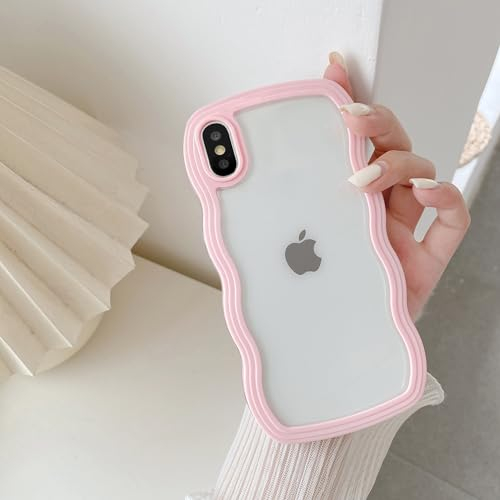 UEEBAI Case for iPhone X/XS, Clear Case Cute Curvy Aesthetic Wave Wavy Frame Slim Fit Shockproof Phone Bumper Cover Translucent Soft Pretty Protective TPU Case for girls women - Pink
